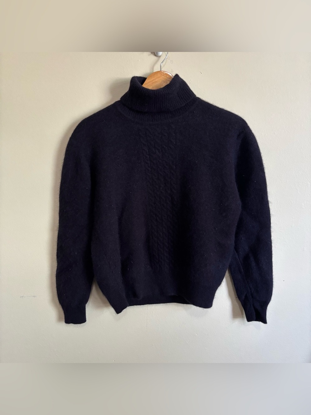 SK & Company Navy Lambswool Angora Cable Knit Turtleneck Sweater S